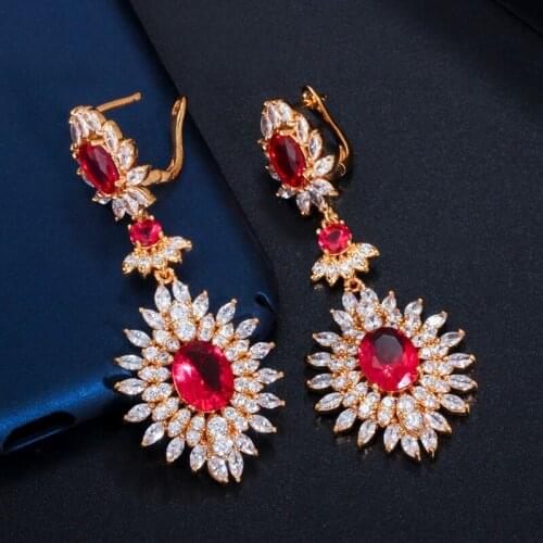ThreeGraces Luxury Ethnic Bridal Jewelry Gold Color Zirconia Stone Vintage Indian Red Long Big Wedding Earrings For Women ER215