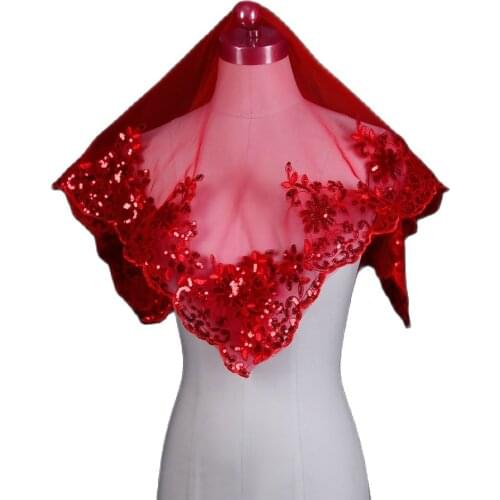 TOPQUEEN V88 100% Handmade Wedding Veil Chinese Red Hijab Special Red Lace Embroidery Applique Veil Hair Accessories