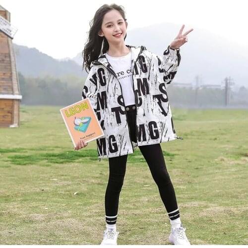 Autumn Windbreaker Kids Girls Jackets Long Sleeve Letter Trench Coat Hoodies 4T 6 8 10 12 13 14 Years Streetwear Teenage Outwear