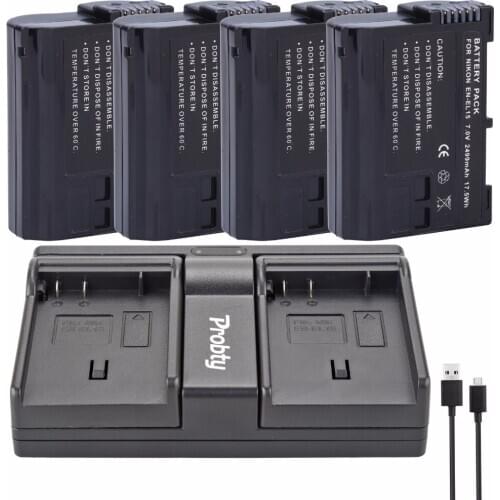 4Pcs PROBTY EN-EL15 EN EL15 ENEL15 Battery + USB Dual Charger For Nikon D7000 D7100 D800 D800E D600 D610 D810 D7200 V1 Camera