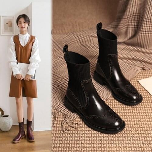 2021 New Fall Shoes Women Round Toe Genuine Leather Women Shoes Retro Brogue Chunky Boots Women Winter Fashion Women Ankle Boots