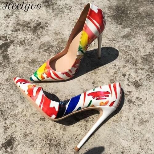 Heelgoo Graphic Print Women Pointed Toe High Heel Party Shoes African Ladies Chic Stilettos Slip On Pumps Large Size 33-45