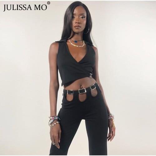 JULISSA MO New Sexy Black Two Piece Sets for Women Summer Sleeveless V-neck Tops Slim Trousers Casual Pants Ladies Streetwear