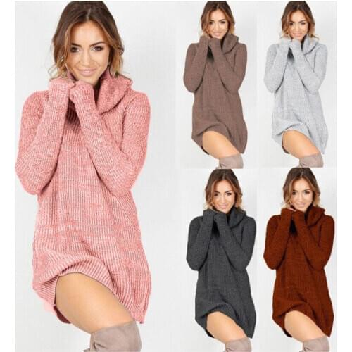 Fashion Autumn Spring Winter Women Casual Turtleneck Pullover Long Knitted Oversize Long Sleeve Thin Sweaters Dresses