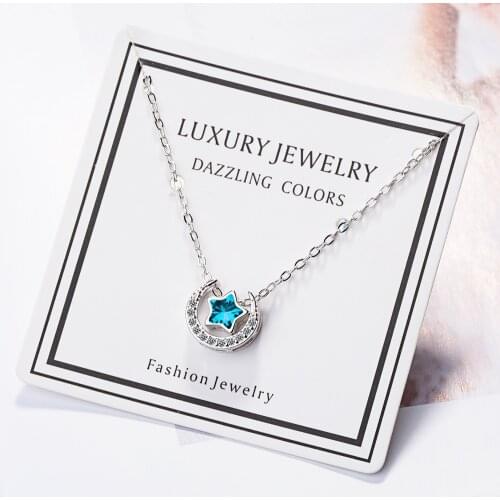 Exquisite 925 Sterling Silver Ocean Blue Star Moon Crystal Zircon Necklace for Women Girl Tassel Jewelry Gift Choker Collares