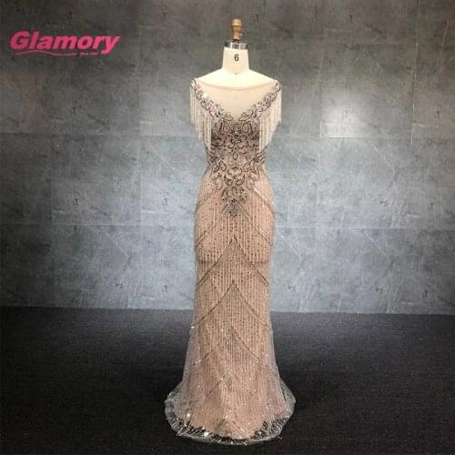 New Arrival 2020 Silver Sexy V Neck Women Party Luxury Crystal Tassel Prom Mermaid Evening Dress Formal Gowns