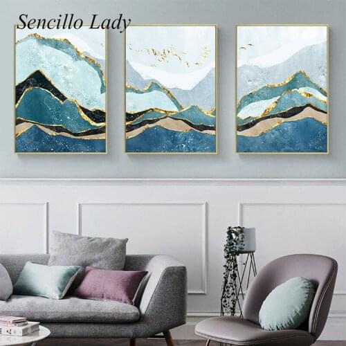 Golden Mountain Abstract Landscape Art Painting Contemporary Decoration Canvas Poster Print Blue Green Wall Picture Home Decor