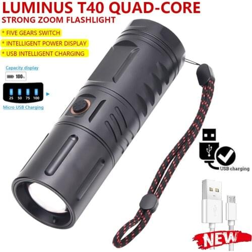 Zoom T40 LED Flashlight Bright 5 Model USB Rechargeable Powerful Display Torch Waterproof Light Camping Lantern 18650 Battery
