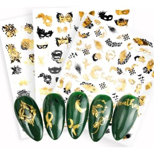 1pcs black gold Simple Lines Abstract Animal 3D Nail Decals Geometry Flower Leaf mask butterfly Art Decorations Transfer Sticker