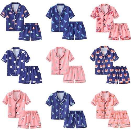 2020 New Kids Boys Pajama Sets Cartoon Print Button Short Sleeve Shirt Tops with Shorts Girls Children Summer Clothes Sets