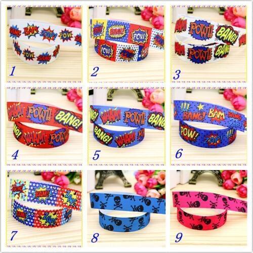 7/8'' Free shipping bang pow bam skull printed grosgrain ribbon hairbow headwear party decoration diy wholesale OEM 22mm D188