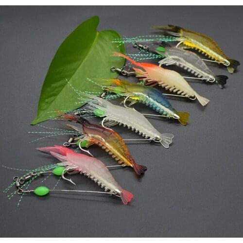7pcs/lot Silicon Shrimp Fishing Lures Luminous Artificial Bait with Hooks Swivels 8cm 5g Mixed Color Carp Fishing Tackle X806
