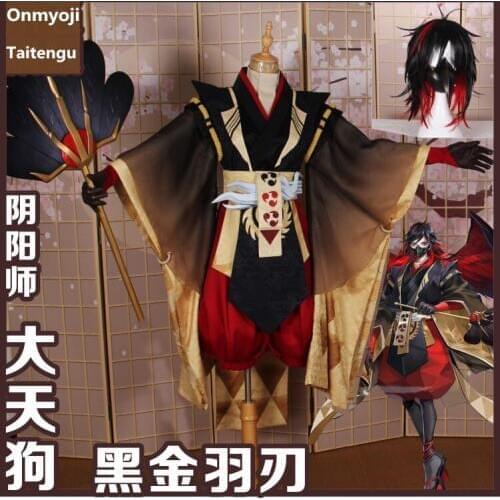 Anime! Onmyoji Taitengu Black Gold Feather Blade Combat Suit Kimono Uniform Cosplay Costume Halloween Outfit New Free Shipping