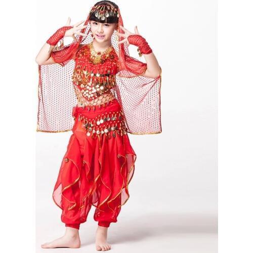 Children Indian Dance 5-piece Set Costume Top, Belt, Pants and Head Pieces Sequin Sleeves Bollywood Dance Costumes for Girls