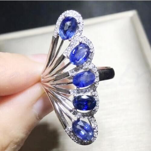 Per jewelry Natural real blue sapphire big flower ring Free shipping 0.6ct*5pcs gemstone 925 sterling silver T2041526