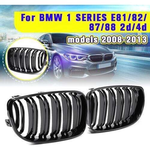For BMW E87 1 Series 2008 2009 2010 2011 2012 2013 Pair New Gloss Black 2 Double Slat Line Front Kidney Racing Grill Grille
