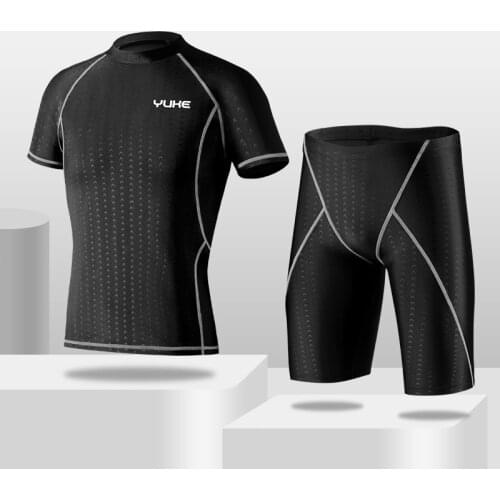 Indoor Warm Quick Dry Swimsuit Men Swimming Top Trunks Set Beach Rash Guard Surfing Bathing Suit Shirt Short Sleeve Plus Size