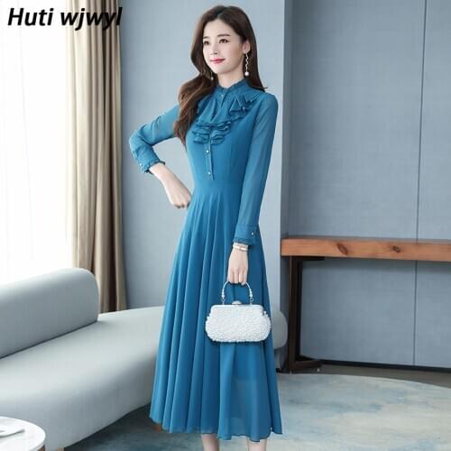 3XL Plus Size Elegant Solid Chiffon Maxi Dresses 2021 Spring Autumn Long Sleeve Dress Vintage Women Bodycon Party Black Vestidos