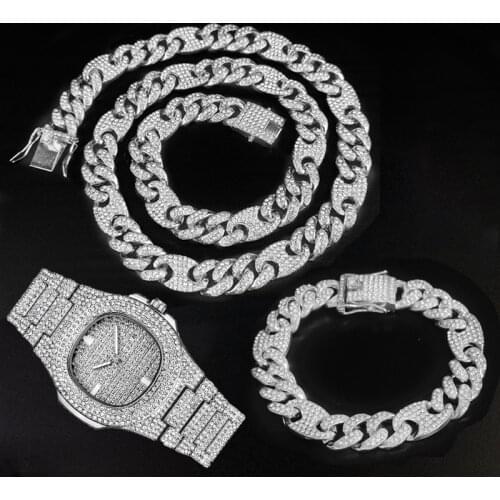 3pcs Kit Hip Hop 12MM AAA+ Iced Out Alloy Coffee Bean Miami Cuban Link Bling Chain Necklace+Watch+Bracelet For Men Jewelry