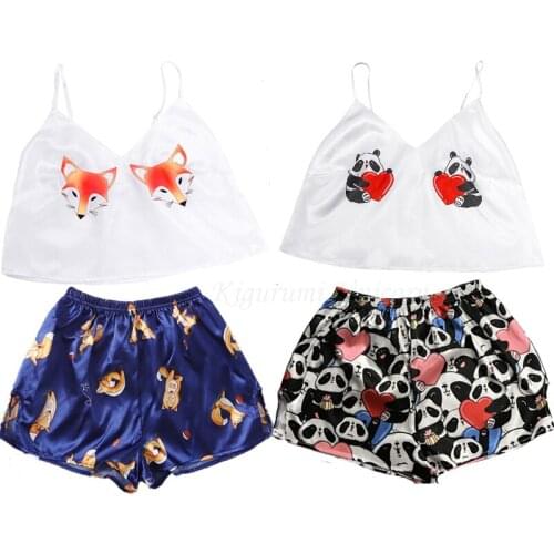 Lovely Pajamas For woman Silk Sexy Pijamas Women Sleepwear Satin Summer Pyjama Femme V Neck Home Suit panda fox Cartoon Suit