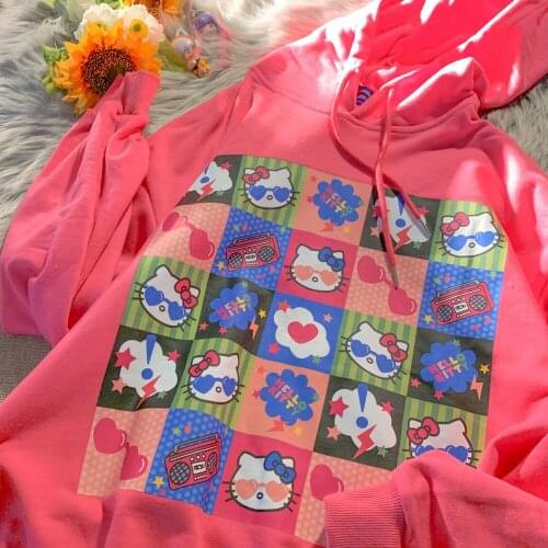 Kawaii Japanese Cartoon Cats Print Graphic Hoodies Women Sweatshirt Pink Tops 2021 Autumn Fashion Harajuku Teens Girls Clothes