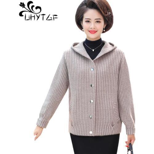 UHYTGF Fashion Knitted Autumn Jacket Plaid Hooded Casual Jacket Knit Cardigan Short coats Elegant female 4XL plus size tops 898