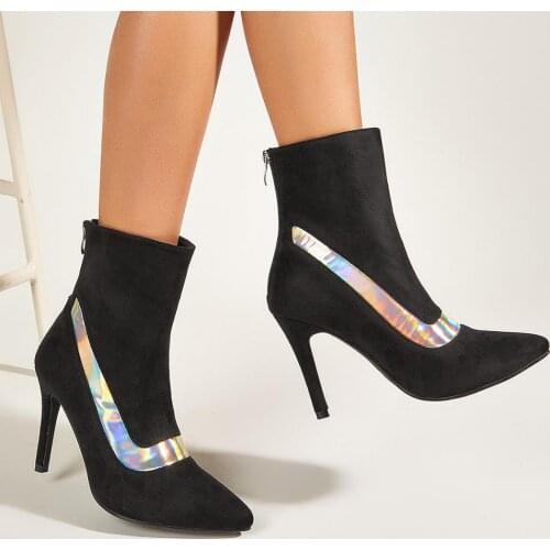 Fashion Women Ankle Boots Pointed Toe Thin High Heels Flock Boots Bling Shoes Flock Short Boots Winter Snow Shoes Drop Ship