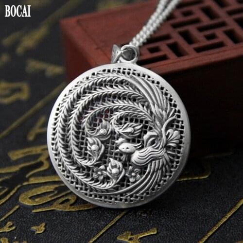 BOCAI New 2021 Fashion 100% S990 Pure Silver Pierced Weaving Phoenix to Fly Retro Ethnic Style Ladies Pendant