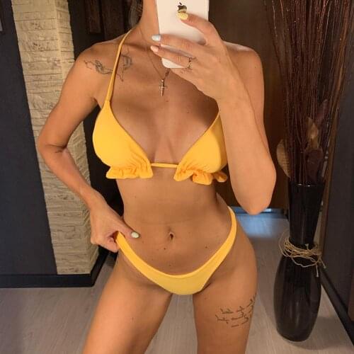 New Sexy 2021 Halter Ruffled Bikini Set Women Yellow Lettuce Trim Swimwear Female Swimsuit Two-pieces Bathing Suit Swim Wear