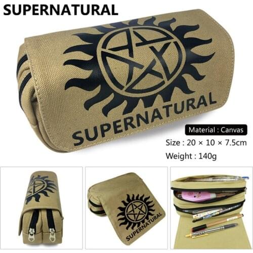 SPN Supernatural Sam Dean Zipper Canvas Pencil Case Cosmetic Bag Travel Student Penbag Women Cartoon MakeupBag Stationery Gift