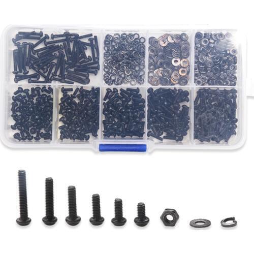 600PCS Black Stainless Steel Column Hexagon Screw Bolt M2* 4/5/6/8/10/12 Nut Flat Pad Washers Spring Box Kit with Plastic Case