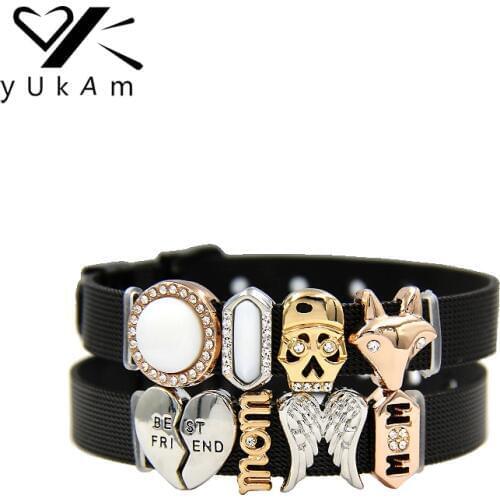 YUKAM Sliders Crystal Shell Bar Skull Head Fox Best Friend Mom Angel Wings Slide Charms Keeper for Mesh Bracelets Jewelry Making