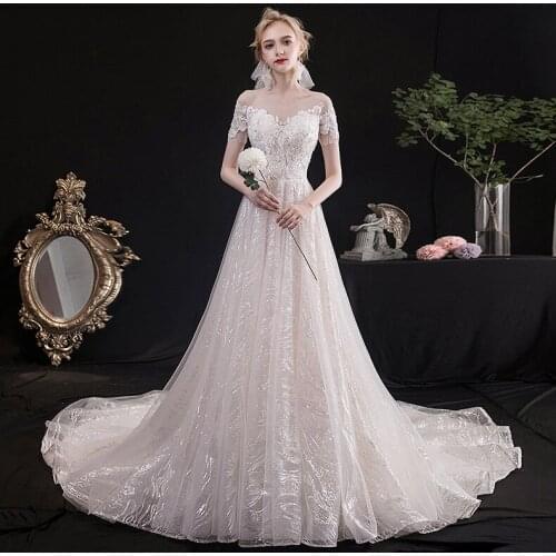 Light Master Wedding Dress 2021 New Summer Bride Wedding Tail Sen Is Thin and Simple One-shoulder Sequined Thin Wedding Dress