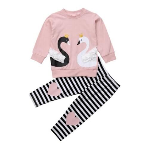 Swan Kid Baby Girl Sweatshirt Clothes T-shirt Top Striped Leggings Outfit Set