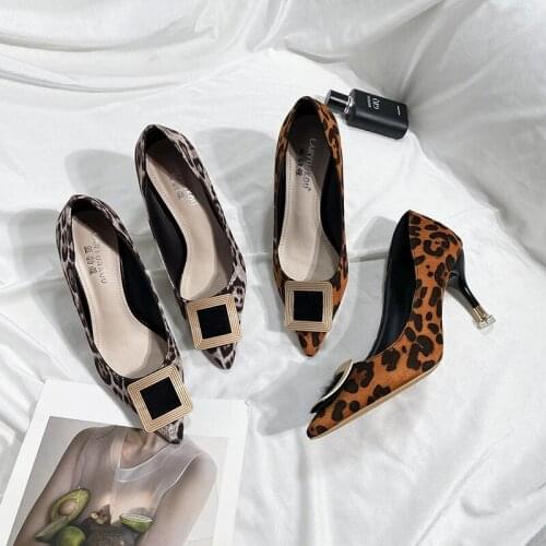 Leopard women thin heels shoes pointed toe ladies high heel pumps office lady party weding shoes