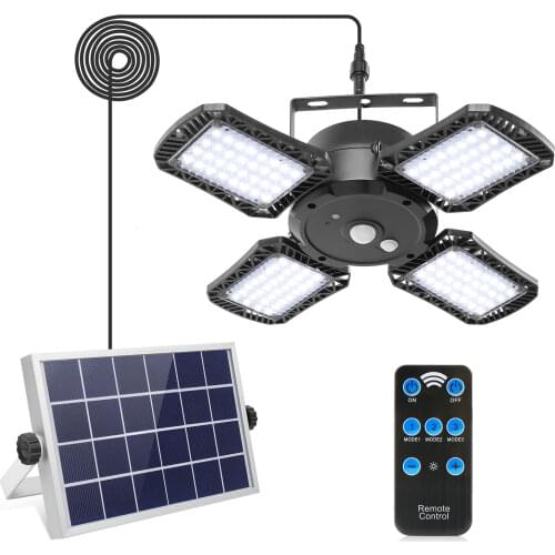 Solar Pendant Light with Remote Control Outdoor Solar Powered LED Sensor Lamp Dimmable Security Light for Garage Garden Porch