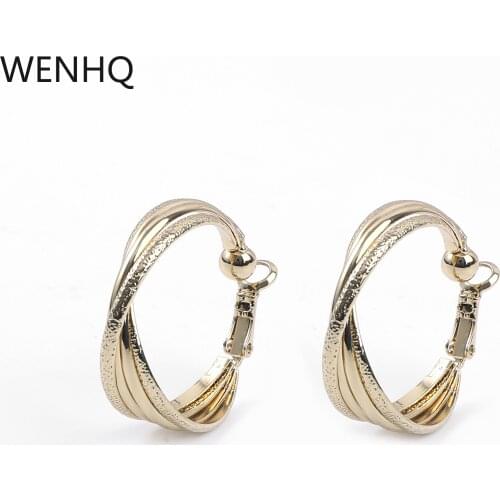 WENHQ Metal Frosting Gold-plated Circle Clip on Earrings for Women Fashion Silicone Anti-pain No Pierced Ear Clip Hoop Earrings