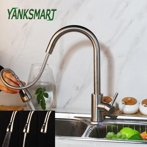 YANKSMART Stainless Steel Kitchen Faucets Nickel Brushed Black Faucet Mixer Tap Single Handle Dual Outlet Water Modes Faucet