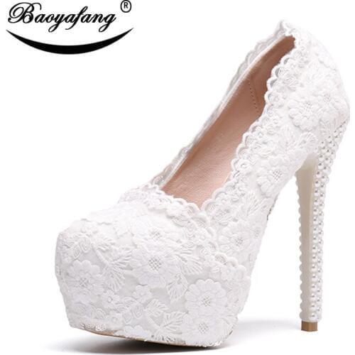 BaoYaFang 2019 NEW ARRIVE White Lace Wedding shoes Bride 14cm High Platform shoes Sweet Party dress shoes woman beading Pumps