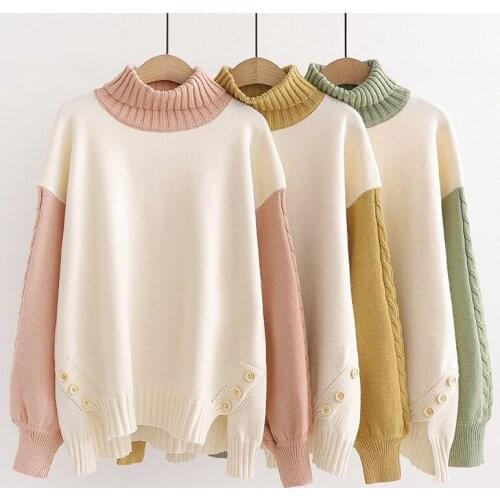 Women Knitted Warm Sweaters 2021 Winter Turtleneck Jumper Sweater Casual Autumn Pullover Buttons Patchwork Knitwear