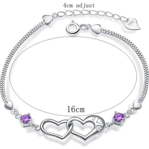 925 Delicate Crystal Purple White Zircon Heart Bracelet for Women Bracelets Womens Bangle Jewelry