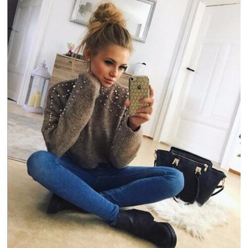 2018 Real Poncho Women Sweaters And Pullovers Woman Sweater Pearl Beaded Lantern Sleeve Knit Jumper Pull Over Women Pullover