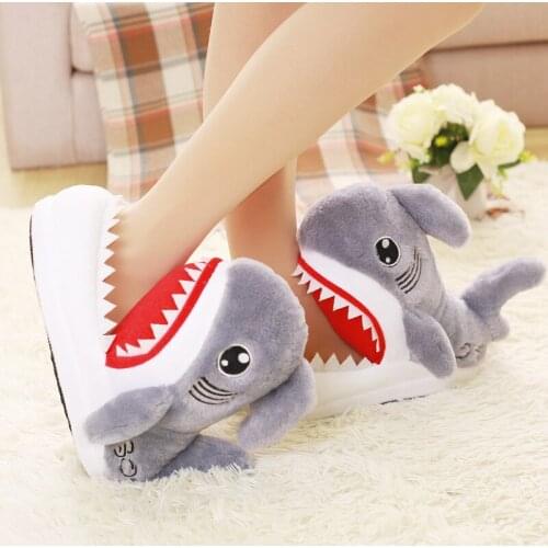 Winter Shark Head Slippers Furry Cute Womens Cotton Shoes Animals Dimensional Slippers Indoor Warm Unisex Home Slides