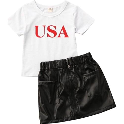 2020 Baby Summer Clothing Toddler Baby Girl Outfits USA Letter Print Short Sleeve T-Shirt + Zipper PU Mini Skirt 1-5 Years