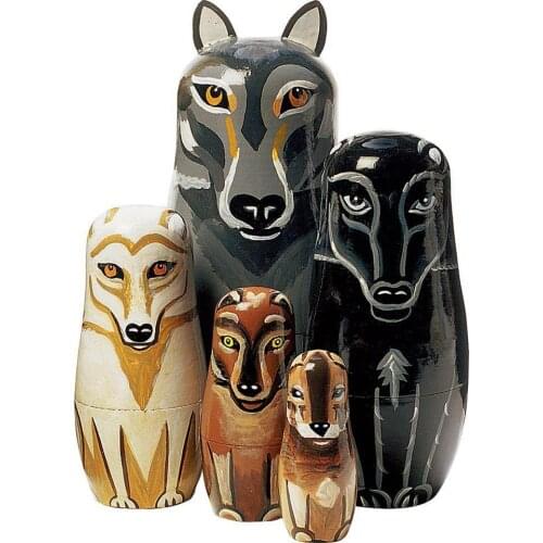 5Pcs/Set Hand Painted Wooden Wolf Handmade Basswood Nesting Dolls Set Art Crafts Russian Matryoshka Toys For Children Kids