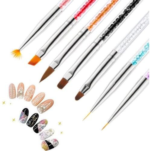 7 Style Nail Brushes Rhinestone Acrylic Handle Brushes Nail Art Line Flower Painting Coating Shaping Flat Fan Angle Pen Nail Set