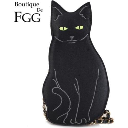 Boutique De FGG Black Cat Shape Women Crossbody Bags Faux Leather PU Shoulder Handbags and Purses Ladies Casual Dailly Bags