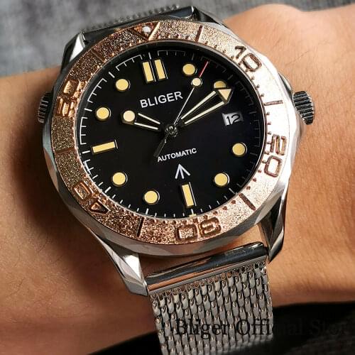 BLIGER Brand Black New 41mm Self Winding NH35A MIYOTA 8215 Unidirectional Bezel Ring Mesh Steel Bracelet Rose Gold Insert