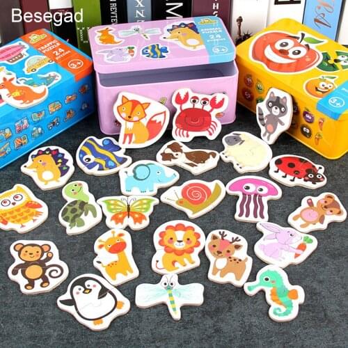 24 kinds of Cartoon Wooden Puzzle Toys w/ Storage Case for Children Early Learning Educational Puzzle Toys Birthday Puzzle Gift