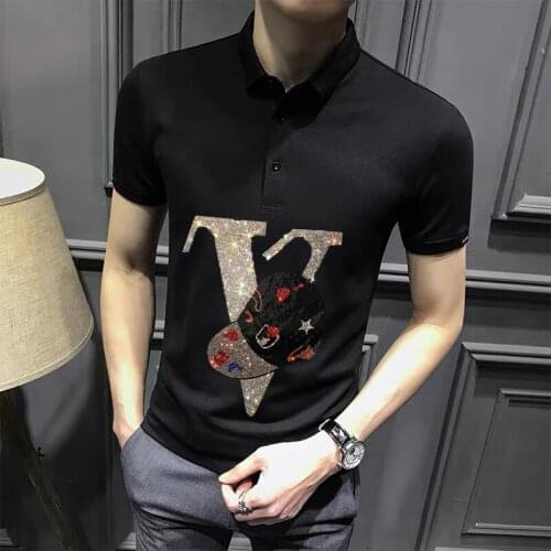Famous Rock Summer Mens Polo Shirt Europe Rhinestone Bodybuilding Sports Short Sleeve Hot Premium Lapel Clothing